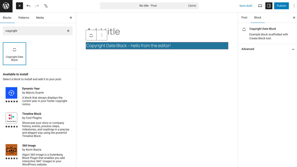 create-blockで作成された、未編集のCopyright Date Blockを、Content canvasに挿入した図